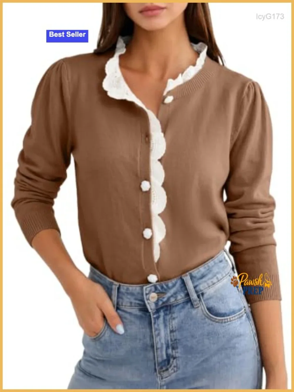 Women's Chunky Knit Cardigan Sweater, Button Down V-Neck with Scalloped Lace